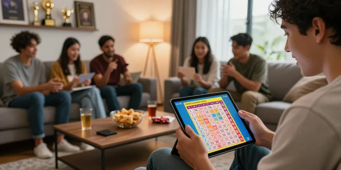 Excited player checking ulartoto togel lottery ticket in cozy living room with friends.