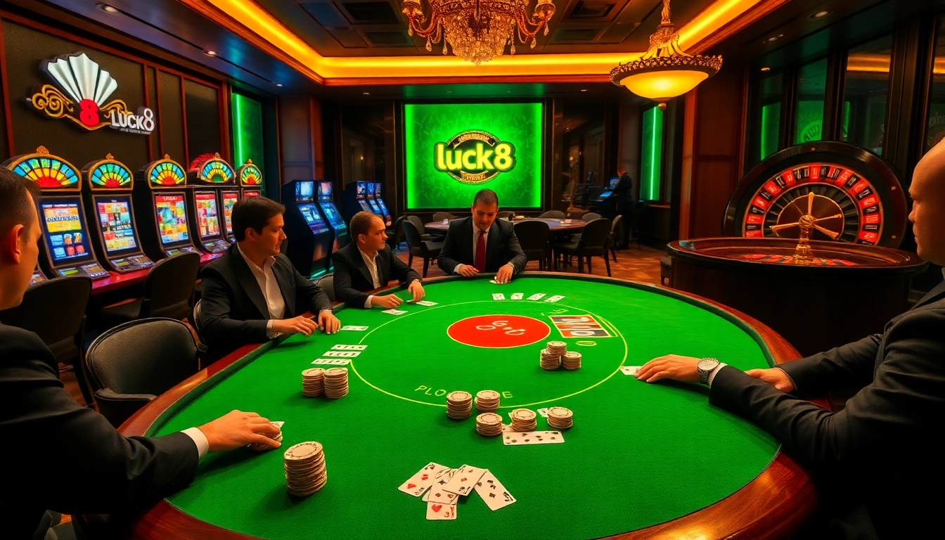 Players engaging in high-stakes games at luck8, surrounded by vibrant casino visuals and rich atmosphere.
