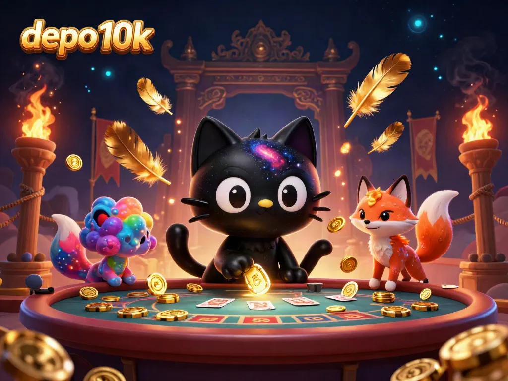 Menangkan permainan dengan depo 10k di kasino online, dengan karakter lucu di meja judi yang penuh warna.