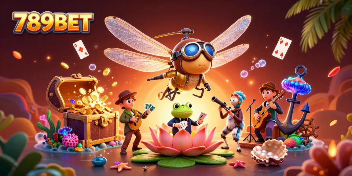 Explore the vibrant world of 789BET with this dynamic casino scene featuring a dragonfly pilot and frog croupier.