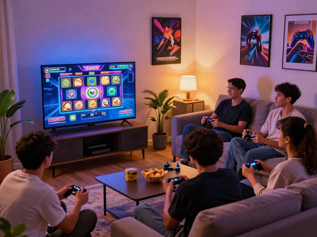 Akunjp gaming night with friends enjoying multiplayer slots in a cozy room.
