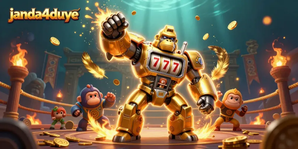 Gorila emas mech dalam gaya slot menangkah janda4duye dengan koin berjatuhan.