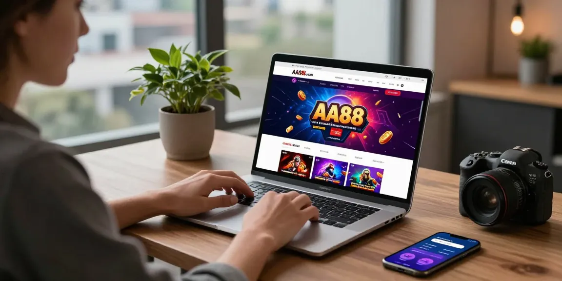 User engaging with AA88.com on a laptop in a cozy home office setting, showcasing online gaming and betting options with vibrant graphics.