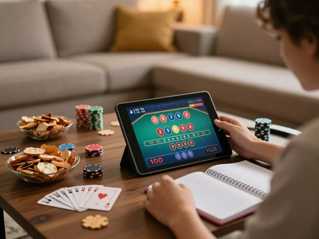 Engaging in baccarat gameplay at trang chu lc88 on a tablet in a cozy home setup.