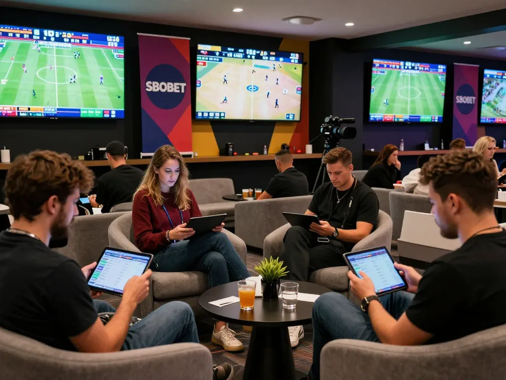 SBOBET betting enthusiasts engaged in lively sports discussions at a modern event.