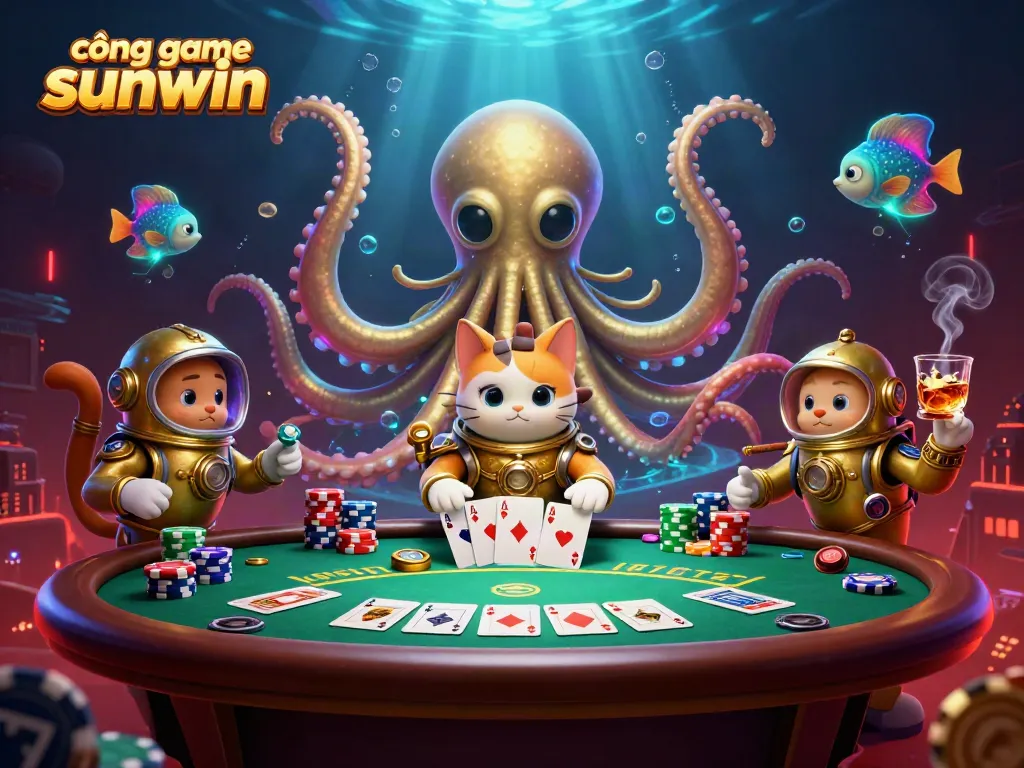 Engage with the thrilling cổng game sunwin experience featuring a kraken, diving cat, and poker scenes.