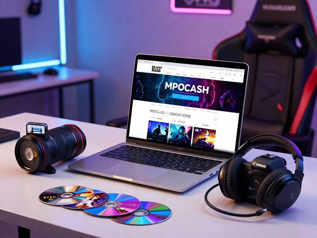 Interactive gaming scene featuring MPOCASH blog and gaming products in an energetic environment.