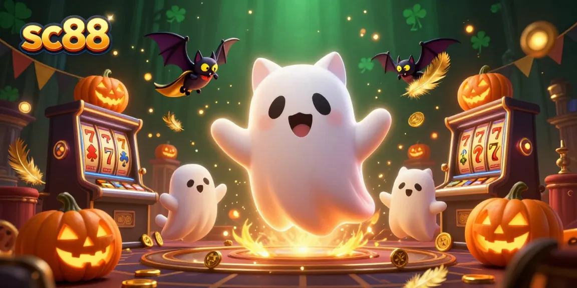 Win big with sc88 featuring a ghost cat and bat in an enchanting casino scene.