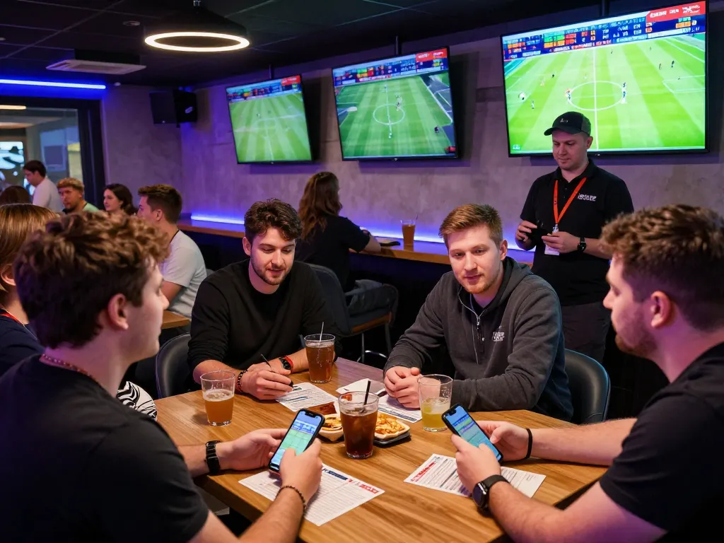 People enjoying kèo nhà cái at a lively betting lounge with screens showing live odds.