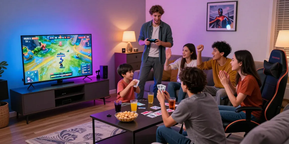 Friends enjoying a thrilling gamebaidoithuong night together, lively atmosphere with snacks and gaming setup.