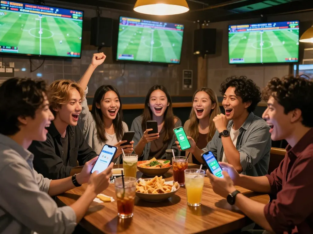 Xoilac users engaging in live sports betting experience at a vibrant sports bar.