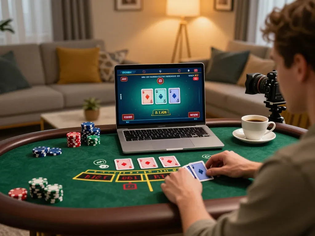 Engaging with live dealer baccarat on dn88 in a cozy home setup, showcasing strategic gameplay.