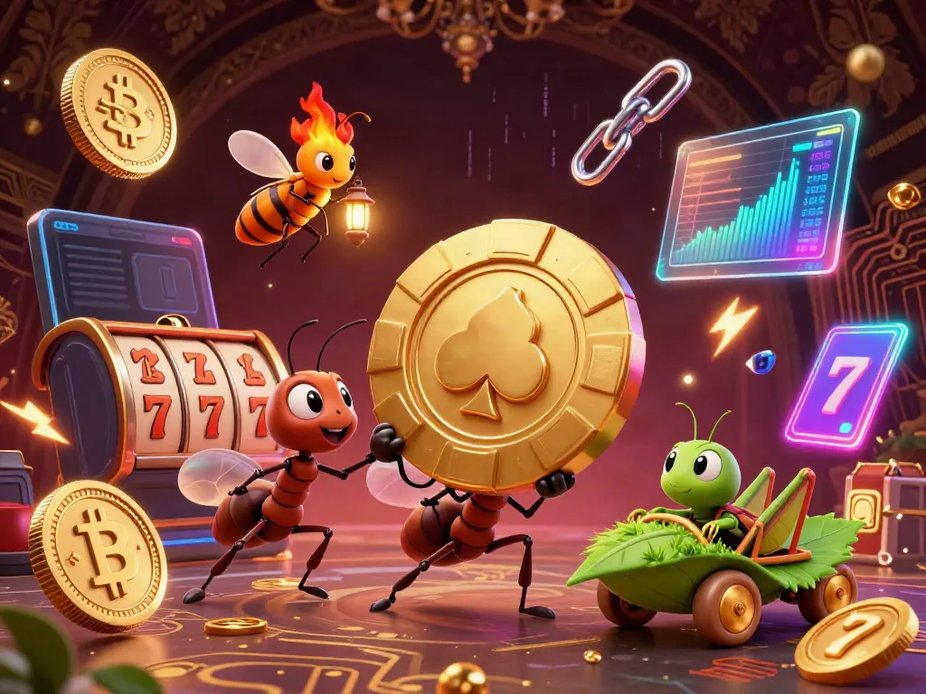 Slot mesin mengemudikan semut 3D membawa chip poker emas, dikelilingi simbol slot berkilau.