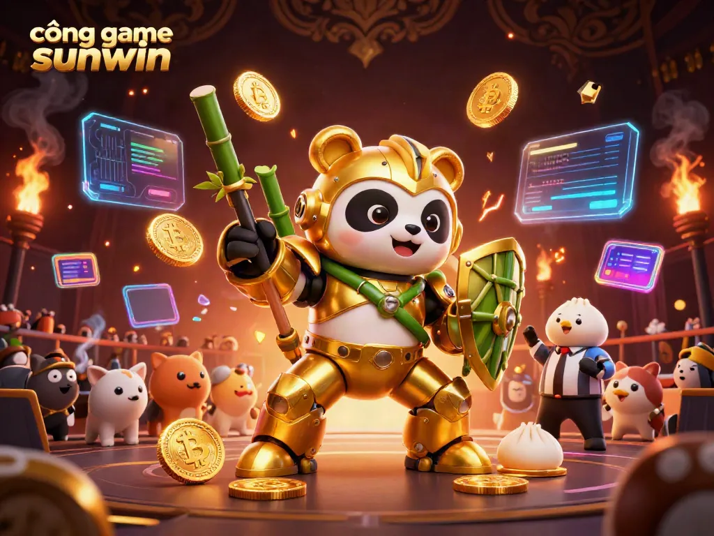 Engaging scene of a golden panda mech in a fighting arena, showcasing cổng game sunwin excitement with animated crypto elements.