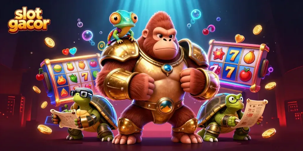Engage with slot gacor action featuring slots, a powerful gorilla, and vibrant casino elements in vivid 3D.