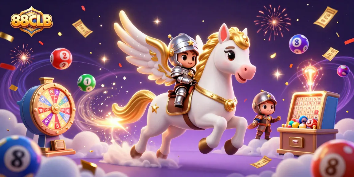 Join the adventure with 88CLB as a knight rides a celestial horse amidst dynamic lottery elements.