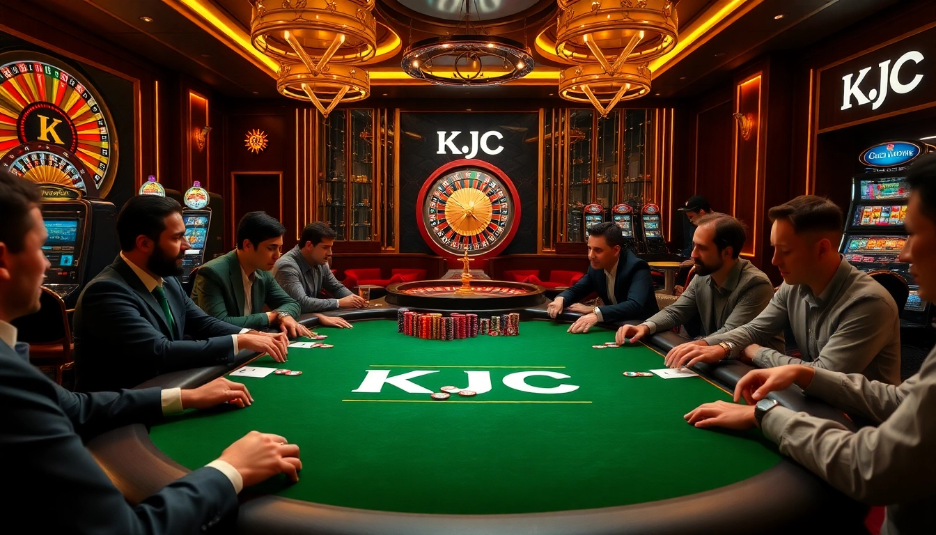 KJC players enjoying a high-stakes poker game with vibrant chips and luxury ambiance.