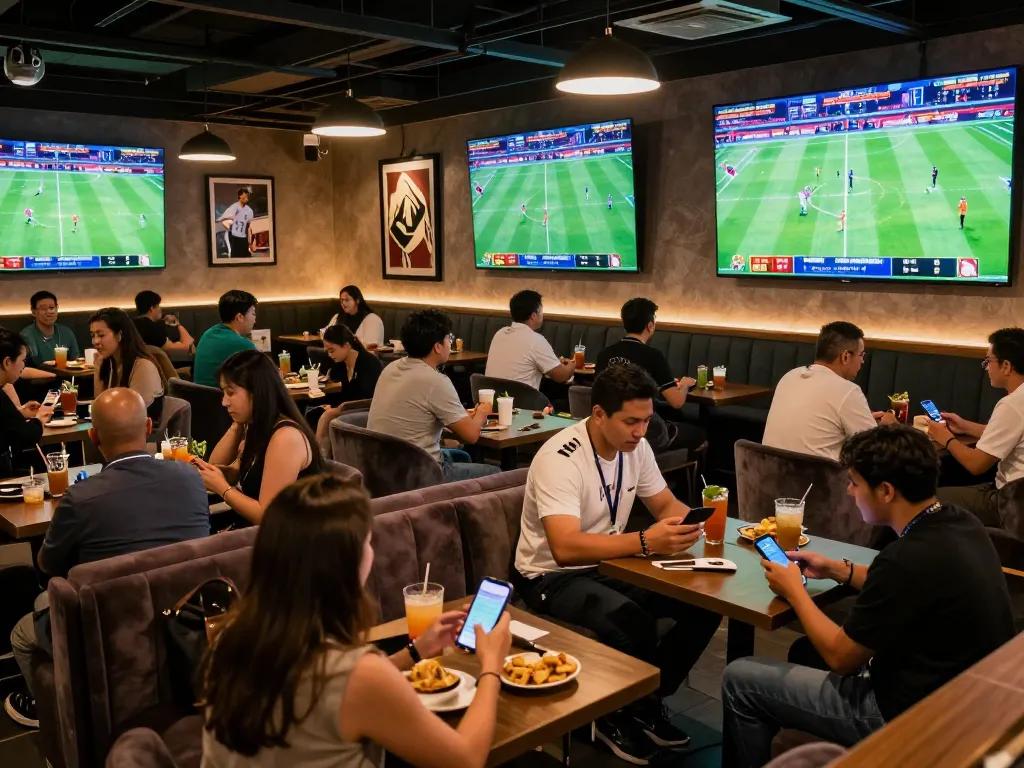 Engaged sports enthusiasts reviewing kèo nhà cái on smartphones while enjoying a live game day atmosphere.