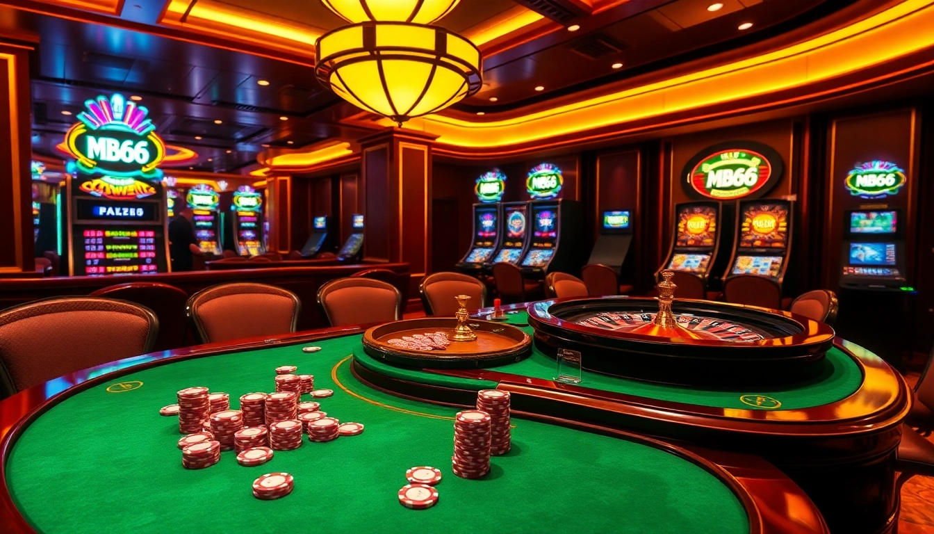 Exciting casino scene featuring betting tables, poker chips, and a roulette wheel with MB66 branding.