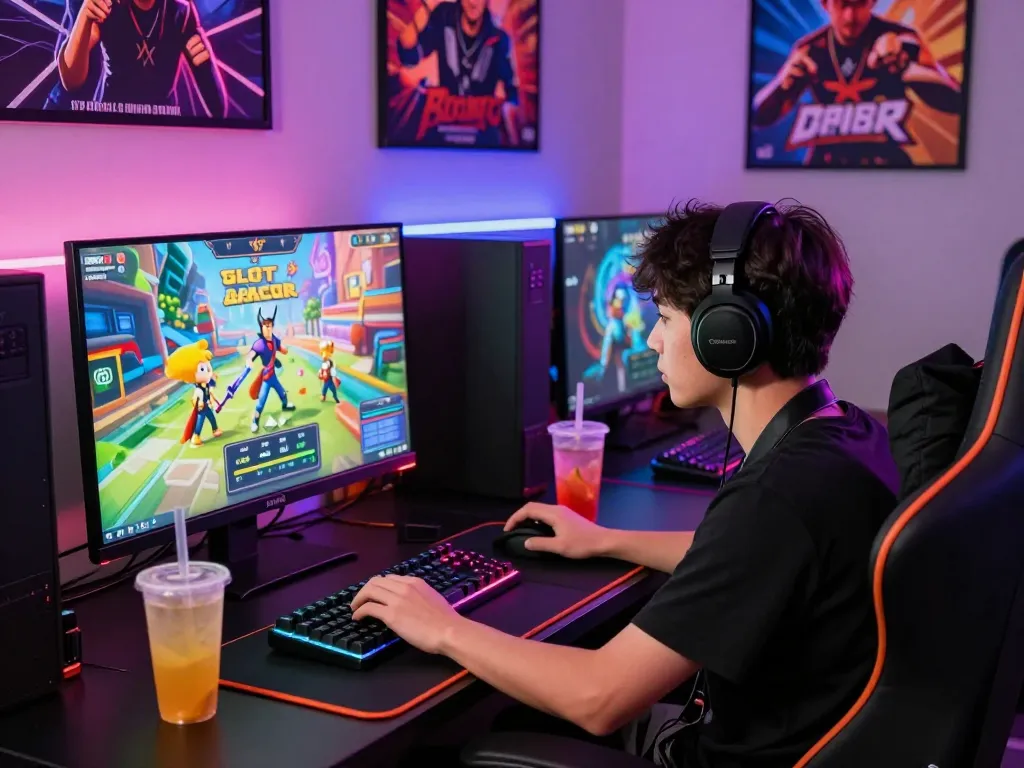 Engaged player experiencing SLOT GACOR online gaming with vibrant setup and accessories.