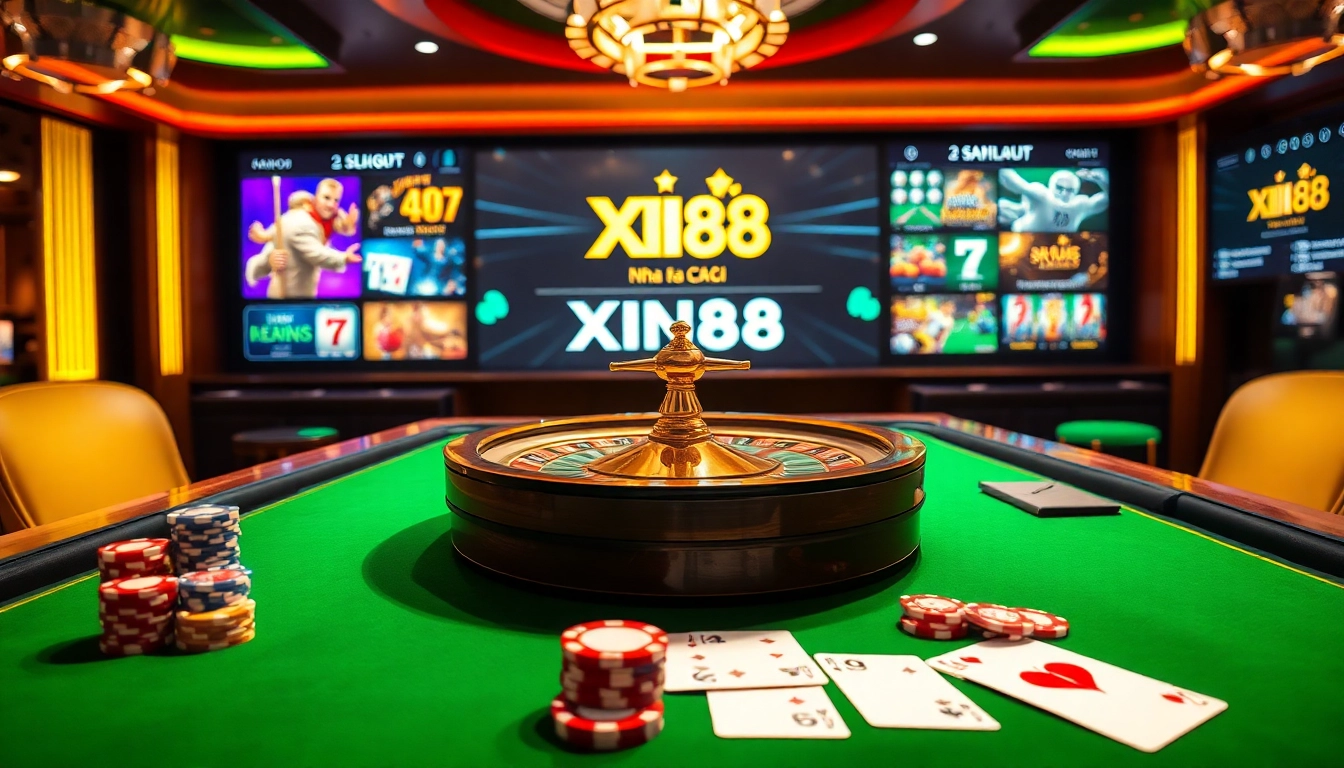 Engaging gambling scene featuring Nhà Cái XIN88 with poker chips and roulette wheel in a luxurious casino.