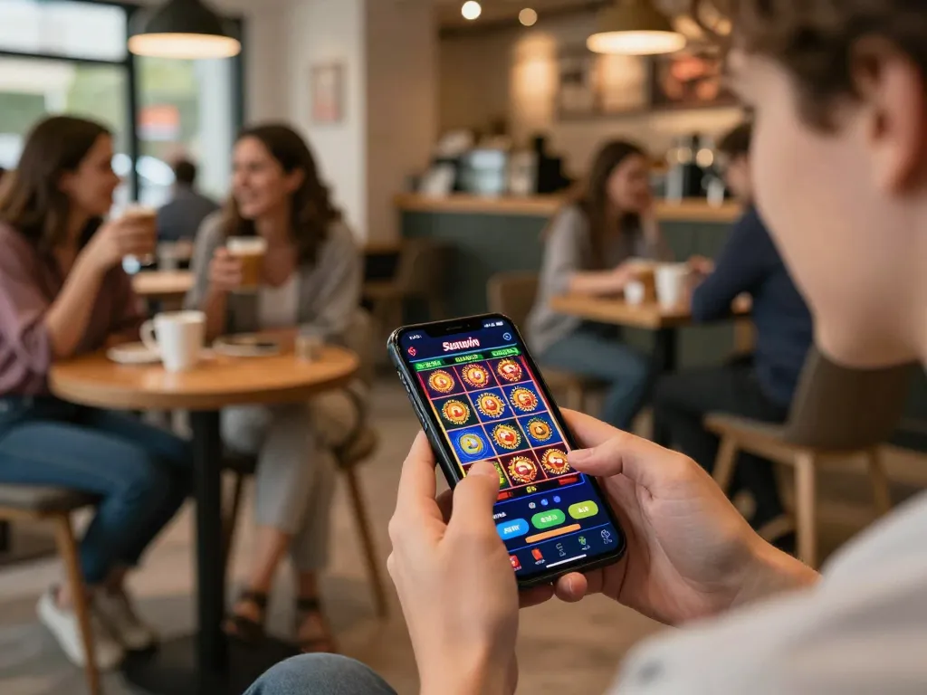 Player enjoying Sunwin slot game on smartphone in cozy coffee shop, showcasing engaging gaming experience