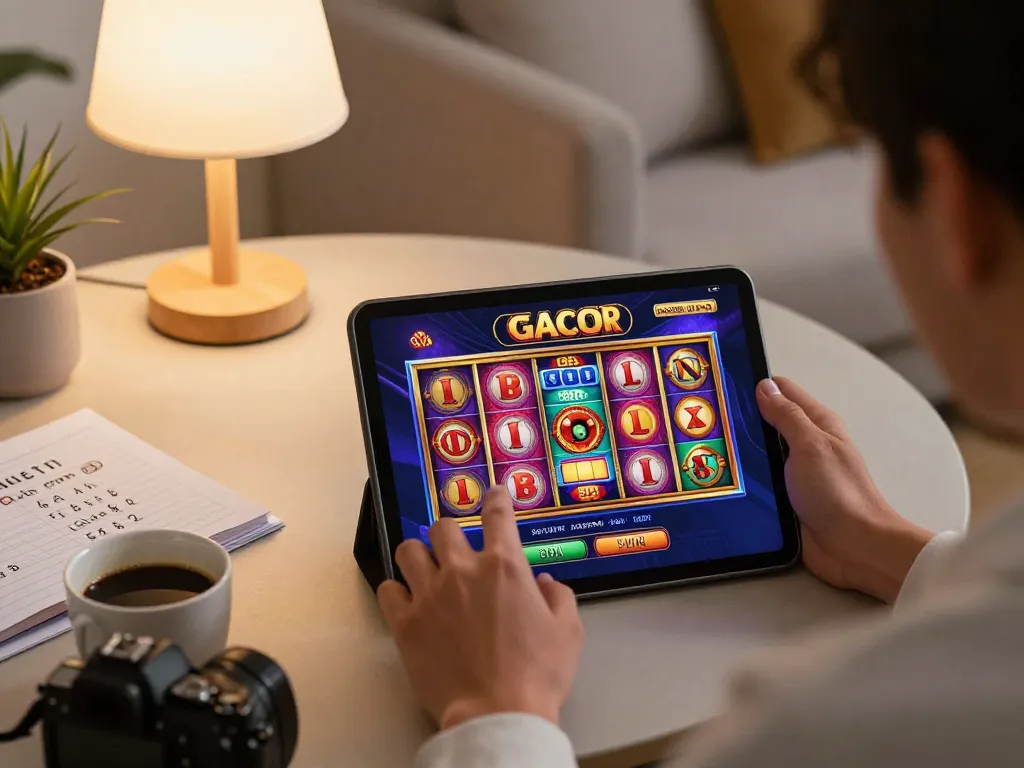 Memainkan slot gacor gampang menang di tablet dalam pengaturan rumah yang nyaman, menampilkan antarmuka aplikasi kasino yang berwarna-warni.