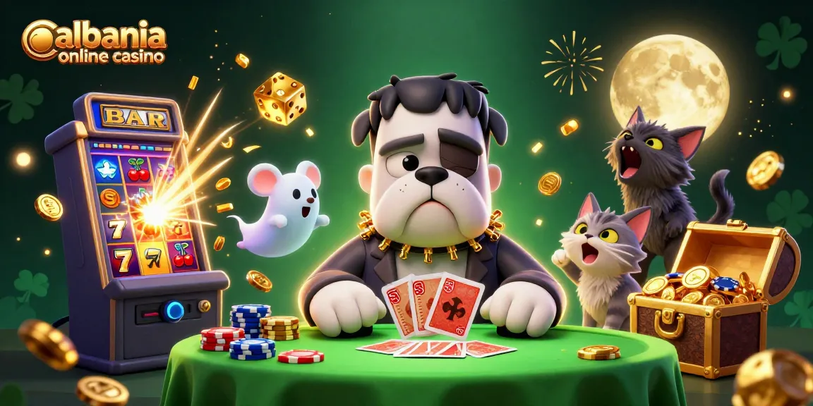 Engage at the albania online casino with a lively 3D scene featuring a monster dealer, exciting slot elements, and dynamic action.