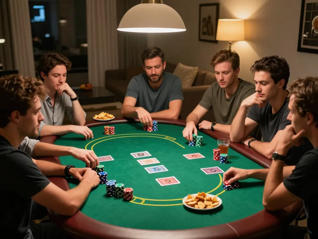 Engaging home poker game featuring friends strategizing with the ffmpeg api technology for enhanced gameplay experience.