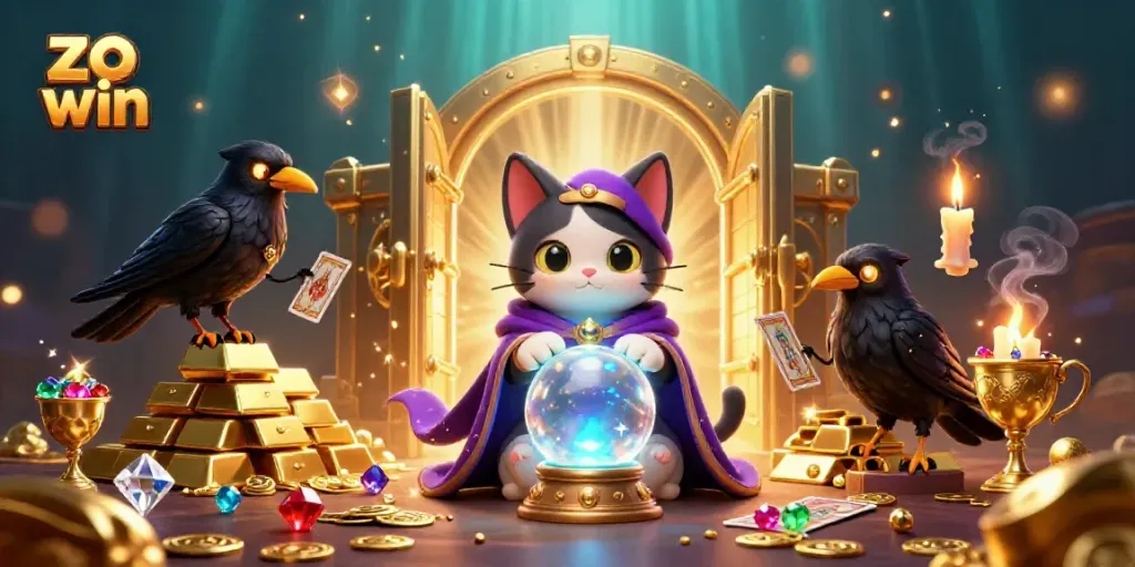 Experience the thrill of zo win with a mystical cat and raven amidst bursting treasure in this vibrant casino scene.
