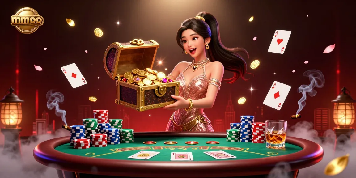 Experience thrilling poker action with mmoo as a joyful Asian woman showcases a treasure chest overflowing with gold in a vibrant casino.