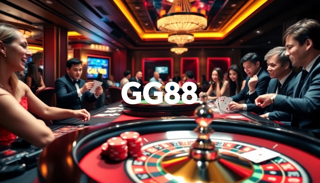 Players enjoying high-stakes games at GG88.biz casino, featuring vibrant roulette and poker tables.