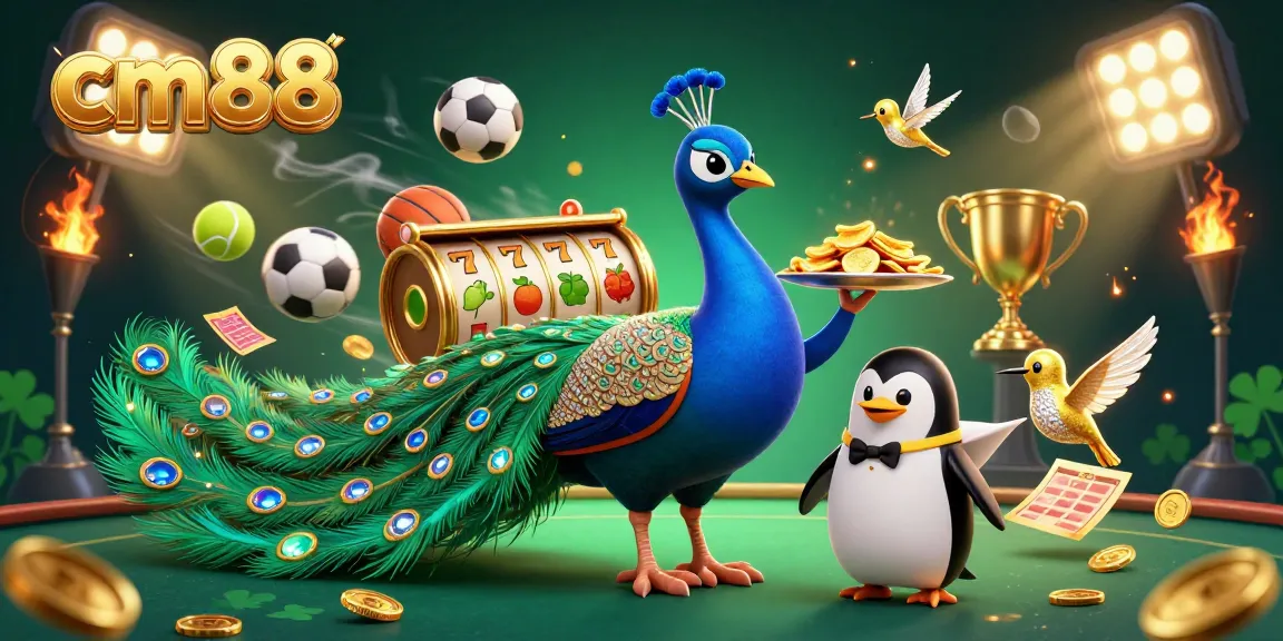 Spin the reels at cm88 casino with a vibrant peacock, penguin butler, and dazzling elements!