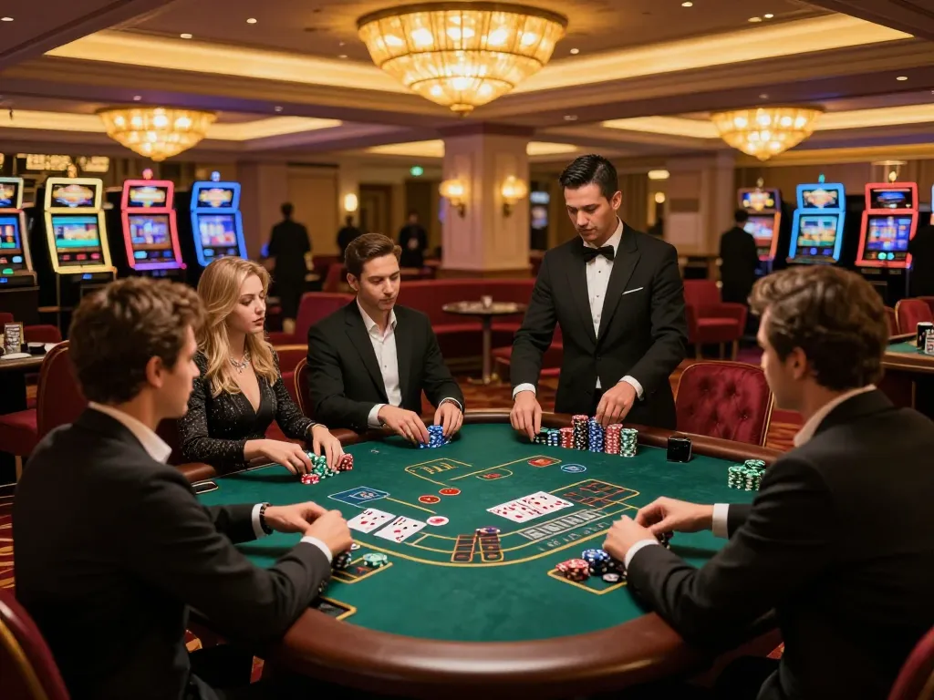 Pemain terlibat dalam permainan blackjack strategis yang menampilkan mpi2121 di atmosfer kasino yang mewah.