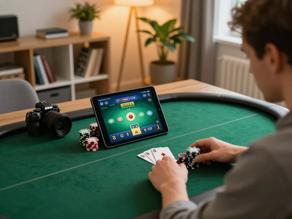 MPO08 players engaging in online poker gameplay on tablets, showcasing strategic moments in a cozy home environment.