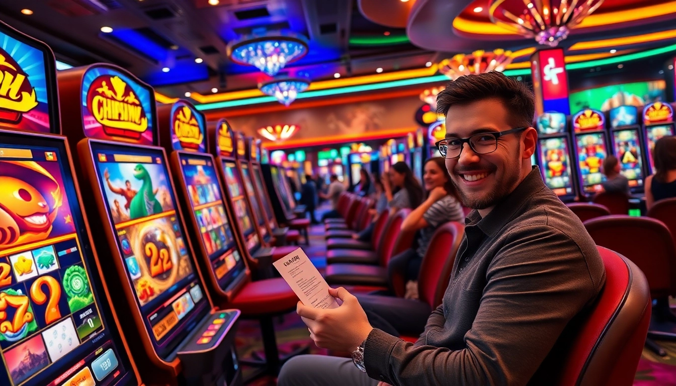 Engage with an exciting slot demo experience at a vibrant casino with colorful machines and thrilled players.