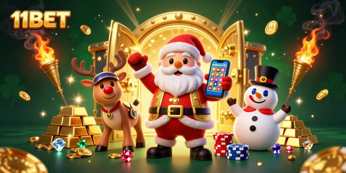 11BET interactive slots gameplay scene featuring Santa and friends celebrating winnings with vibrant casino elements.