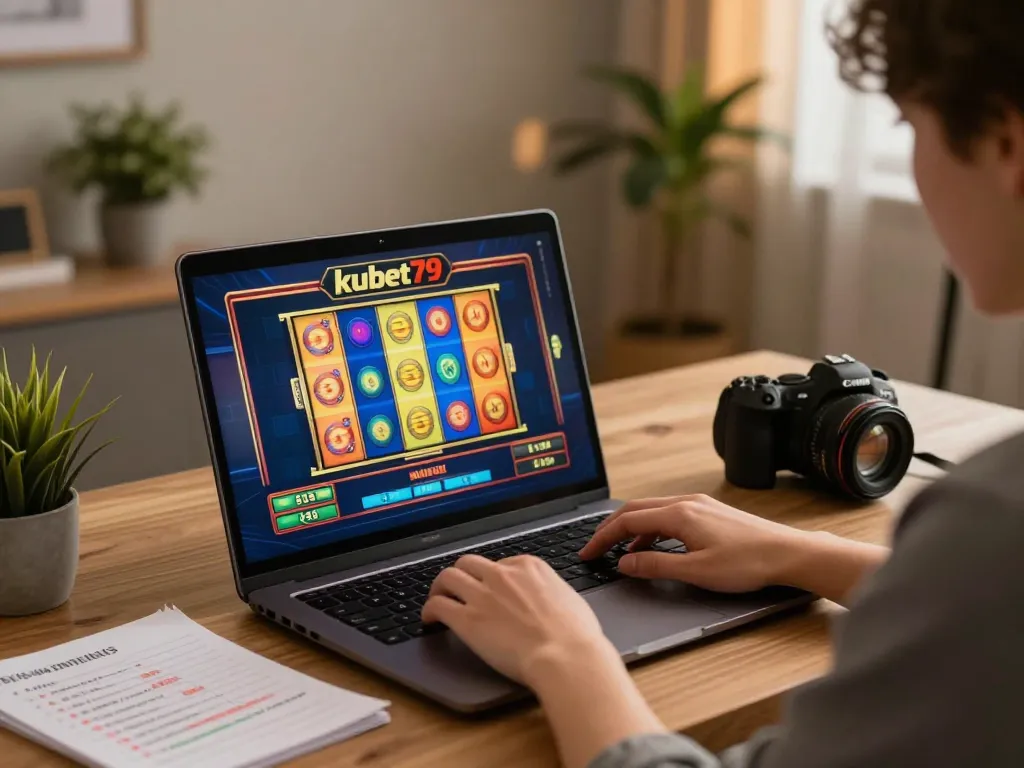 Engaging gameplay on kubet79's online casino platform with spinning slot reels and strategic notes.