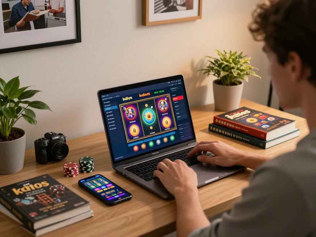 Engaging online gaming scene at home showcasing kdslots on laptop, chips and strategy notes, relaxed atmosphere.