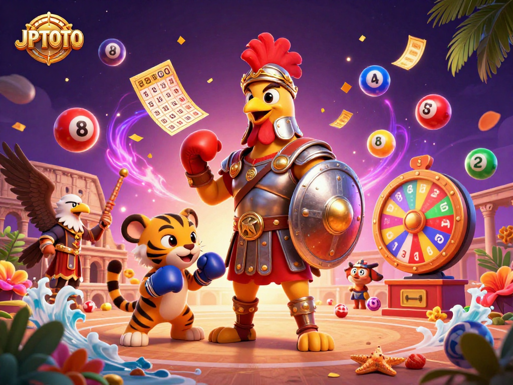 Engage with JPTOTO's thrilling slots and jackpots in a colorful, dynamic casino arena scene.