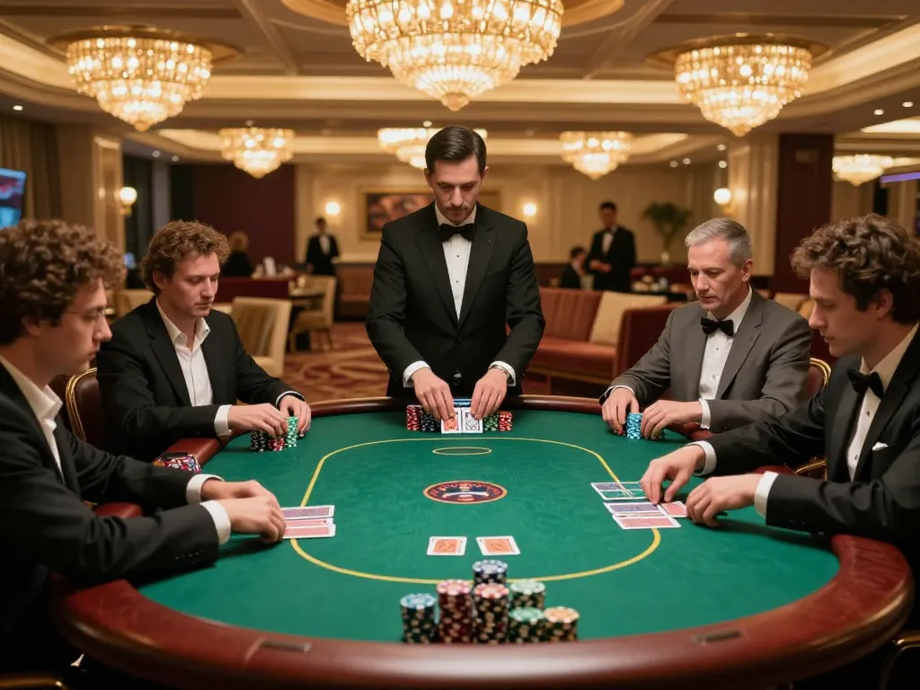 cm88 players engaging in high-stakes poker at a luxurious casino VIP table, shuffling cards.