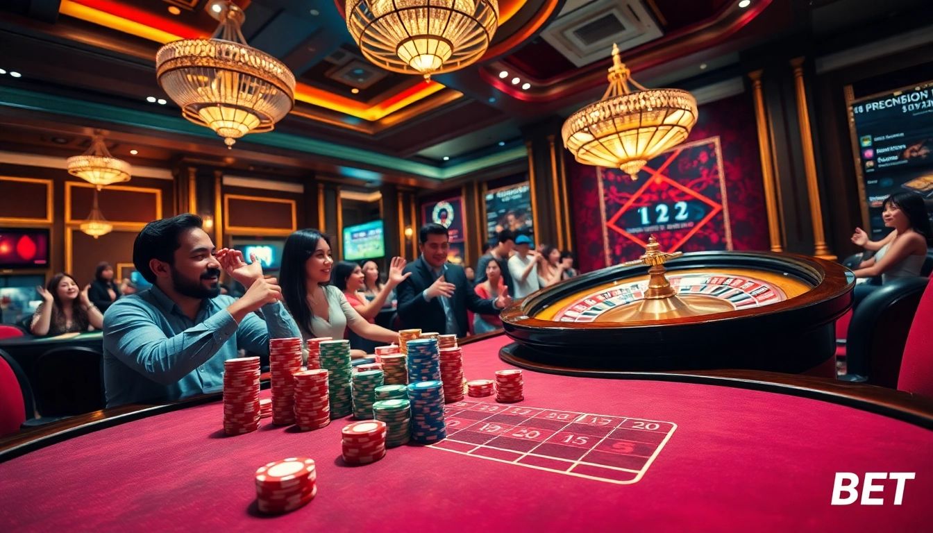 Cổng Game DEBET showcases vibrant casino action with poker chips and excited players enjoying their game.