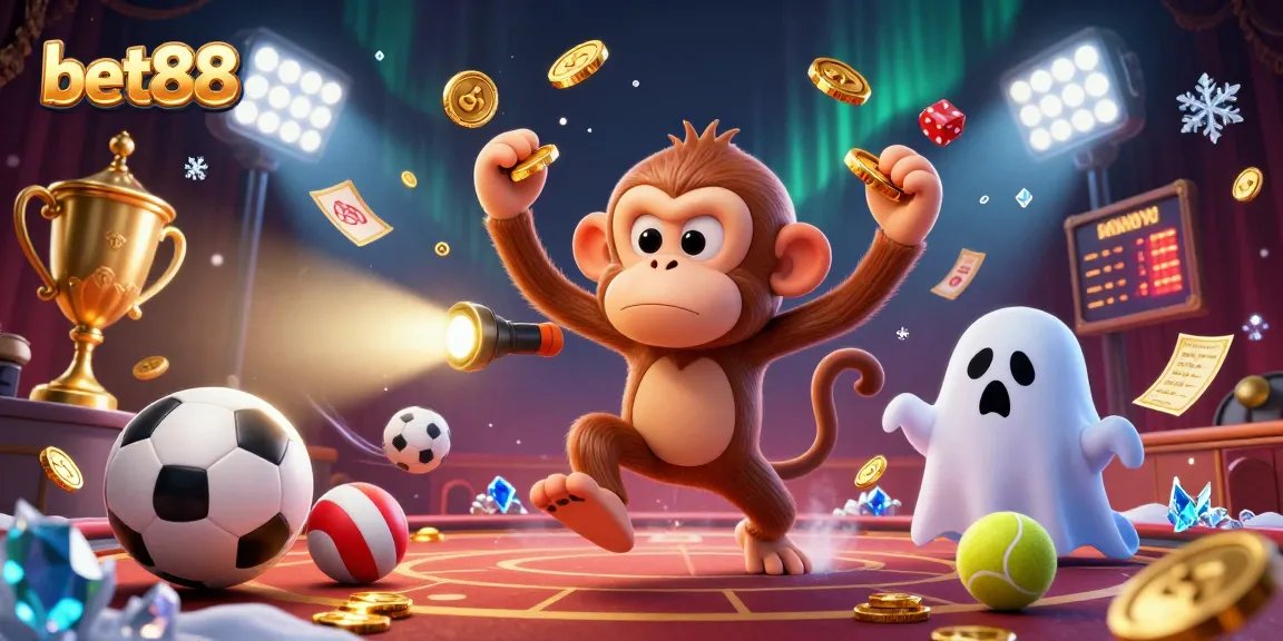 Engage with bet88 as golden coins and sports balls whirl around a lively haunted casino scene.