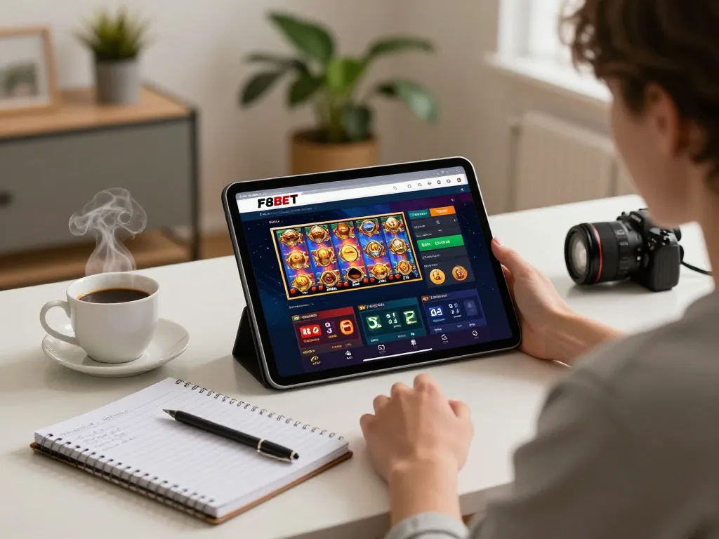 Engaged gamer enjoying F8BET online casino experience with tablet in cozy home setup.