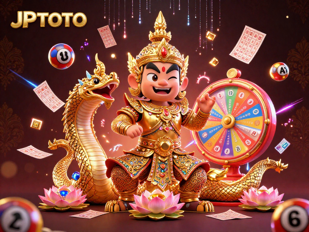 Engage with JPTOTO, featuring a dynamic lottery scene with characters and vibrant game elements.
