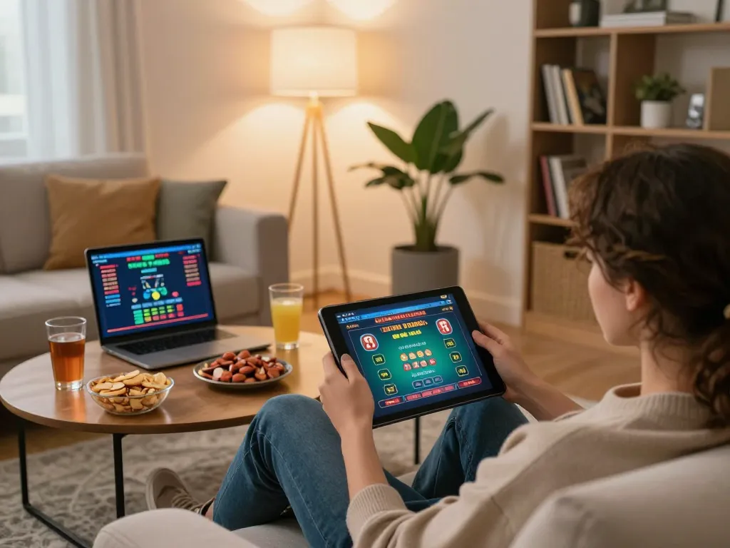 Player enjoying online casino games on tablet at home, showcasing gaming strategy elements and cozy atmosphere at 78win.