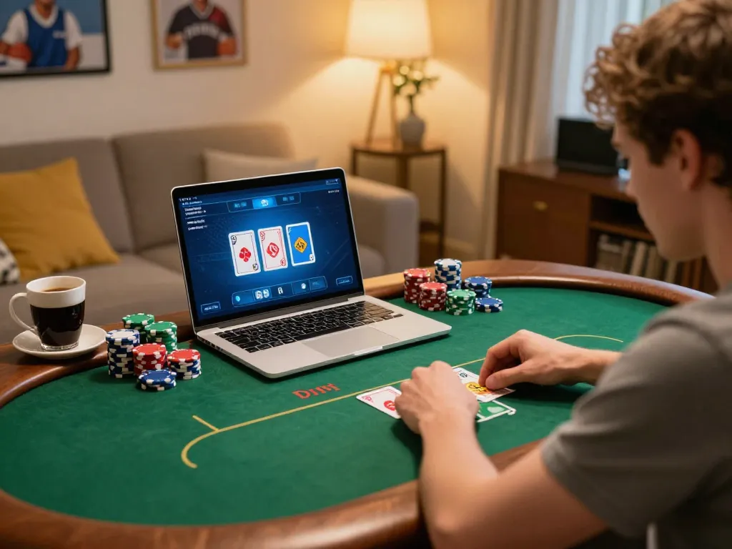 Player enjoying ligasedayu's online poker game in a cozy home setup with colorful chips and warm ambiance