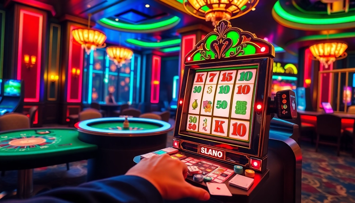 Putar mesin slot Mahjong di tengah kegembiraan kasino yang meriah dan suasana perjudian.