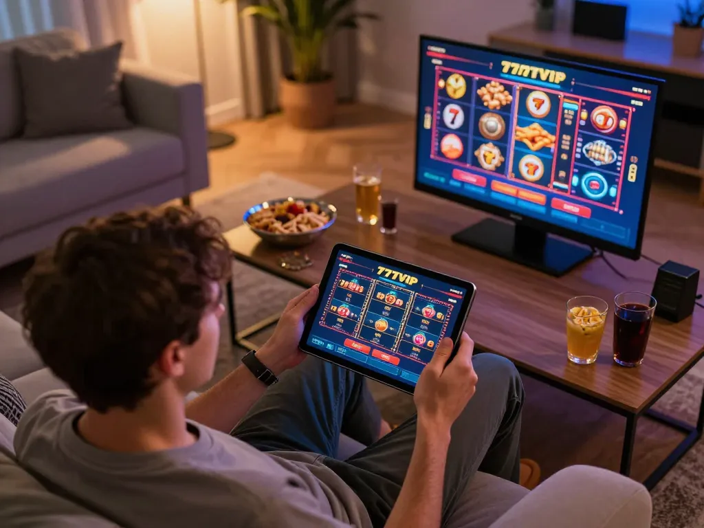 Player enjoying online slots at 777VIP on a tablet in a cozy home setting