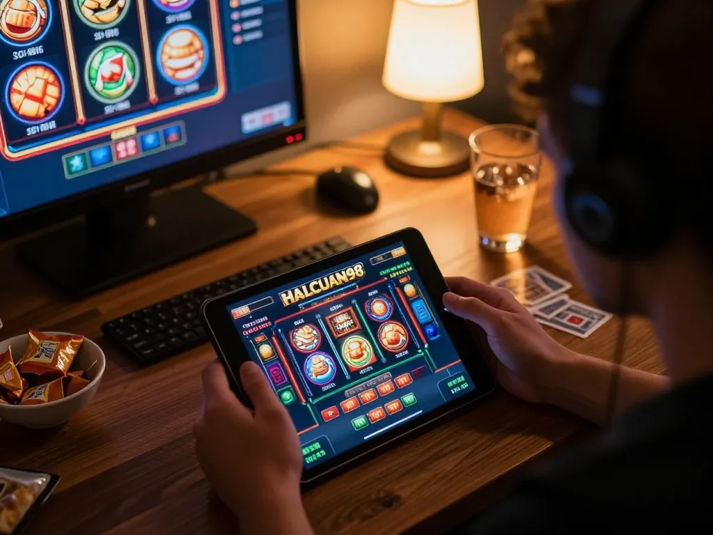 Pemain terlibat dalam permainan kasino online HALOCUAN98 di tablet dengan visual slot yang menawan.